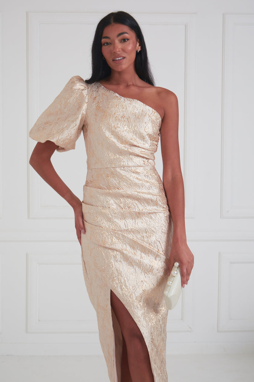 DIANA METALLIC 1 SHOULDER RUCHE MIDI - GOLD