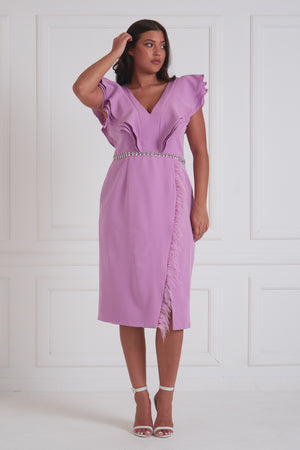 GENEVIEVE FRILL SLEEVE FEATHER DRESS - LILAC