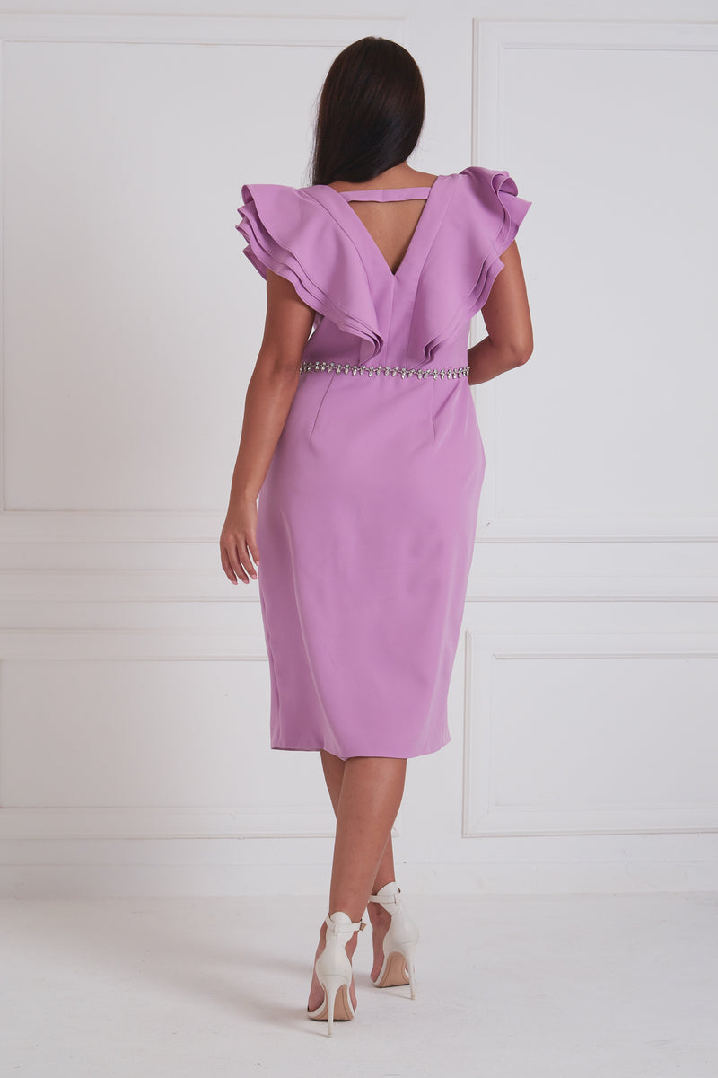 GENEVIEVE FRILL SLEEVE FEATHER DRESS - LILAC