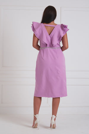GENEVIEVE FRILL SLEEVE FEATHER DRESS - LILAC