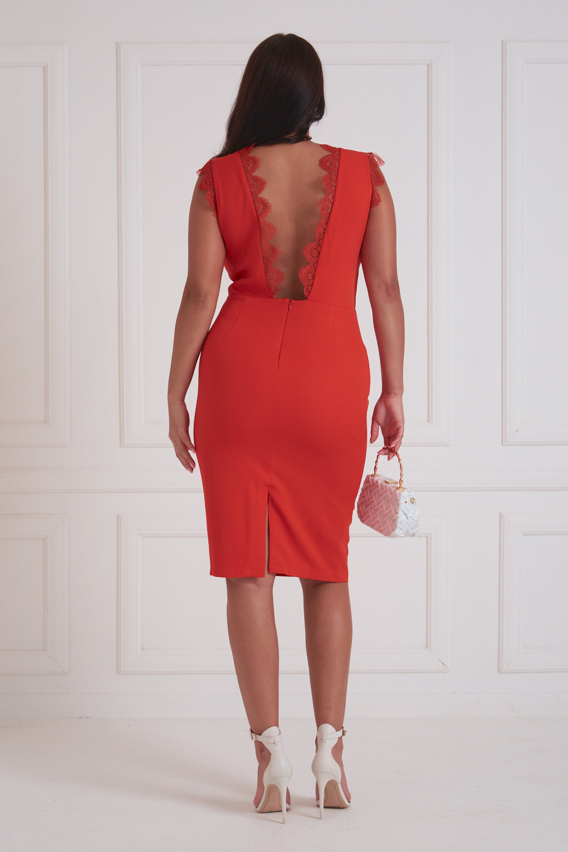 CALLA LACE DETAIL BACKLESS MIDI - RED ORANGE