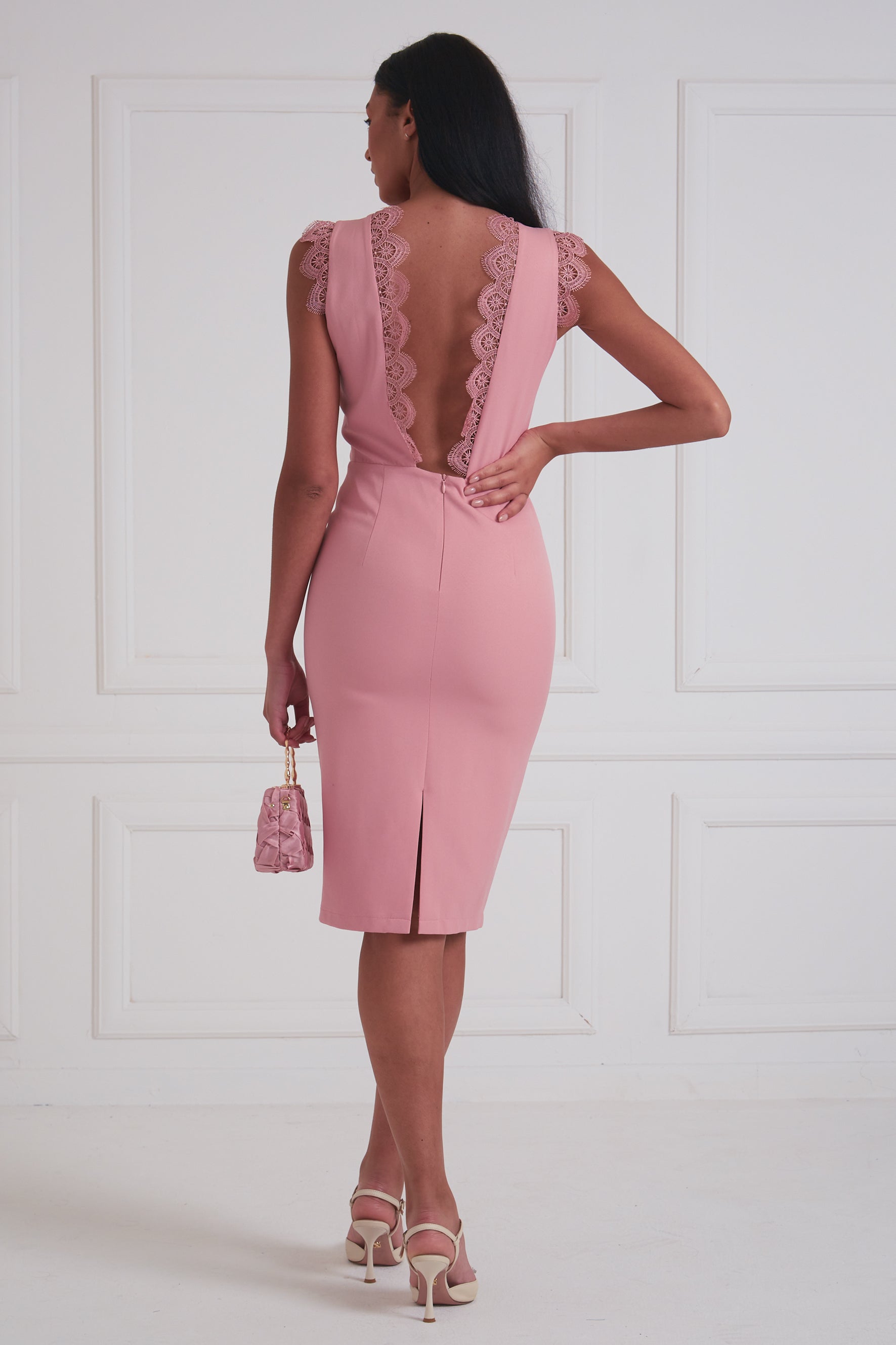 CALLA LACE DETAIL BACKLESS MIDI - PALE PINK