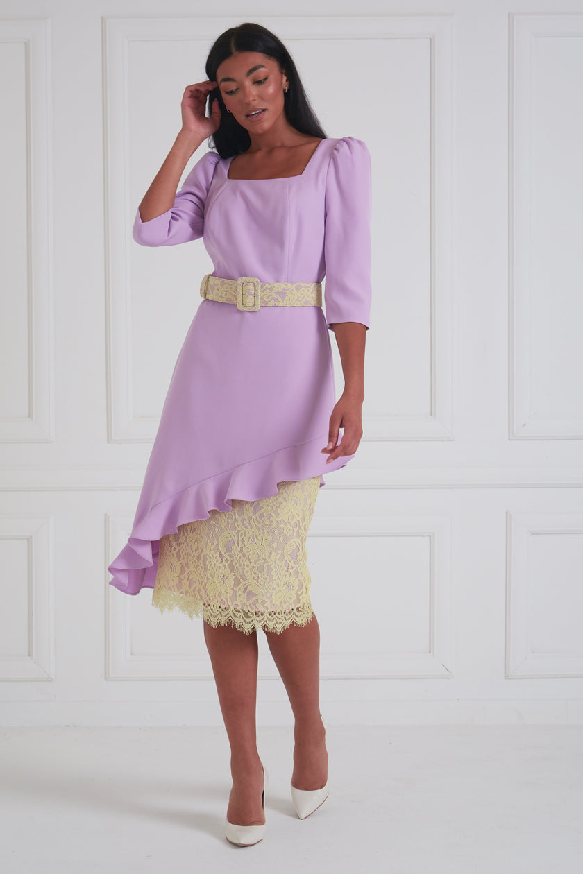 LORETTA ASYMMETRIC LACE FRILL DRESS - LILAC LEMON