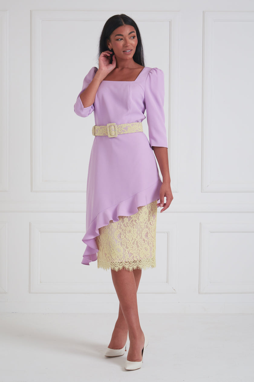 LORETTA ASYMMETRIC LACE FRILL DRESS - LILAC LEMON