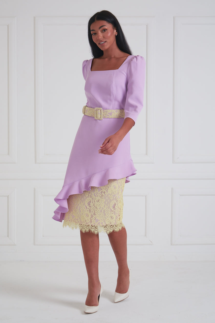 LORETTA ASYMMETRIC LACE FRILL DRESS - LILAC LEMON