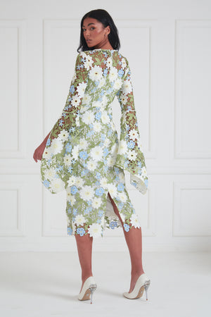 JULIETTE LACE DRAPE SLEEVE MIDI DRESS - MULTI