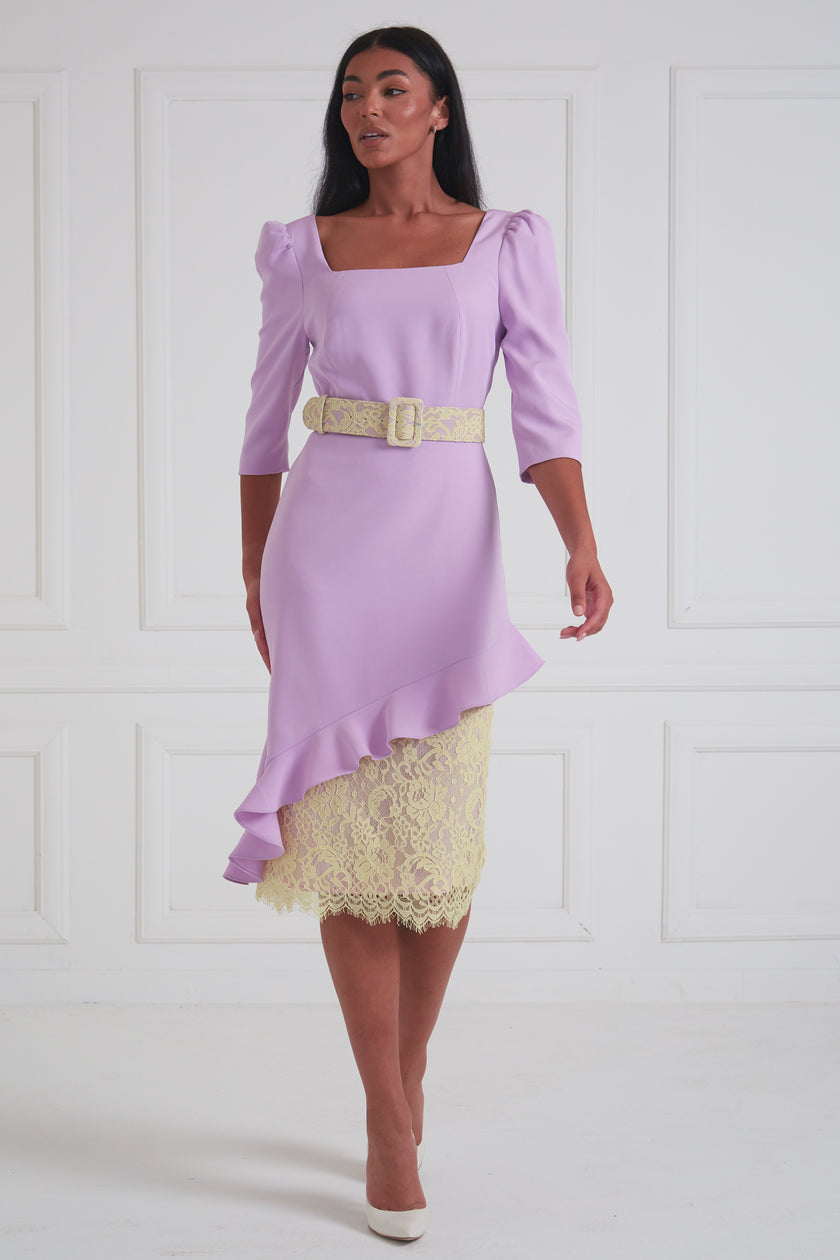 LORETTA ASYMMETRIC LACE FRILL DRESS - LILAC LEMON