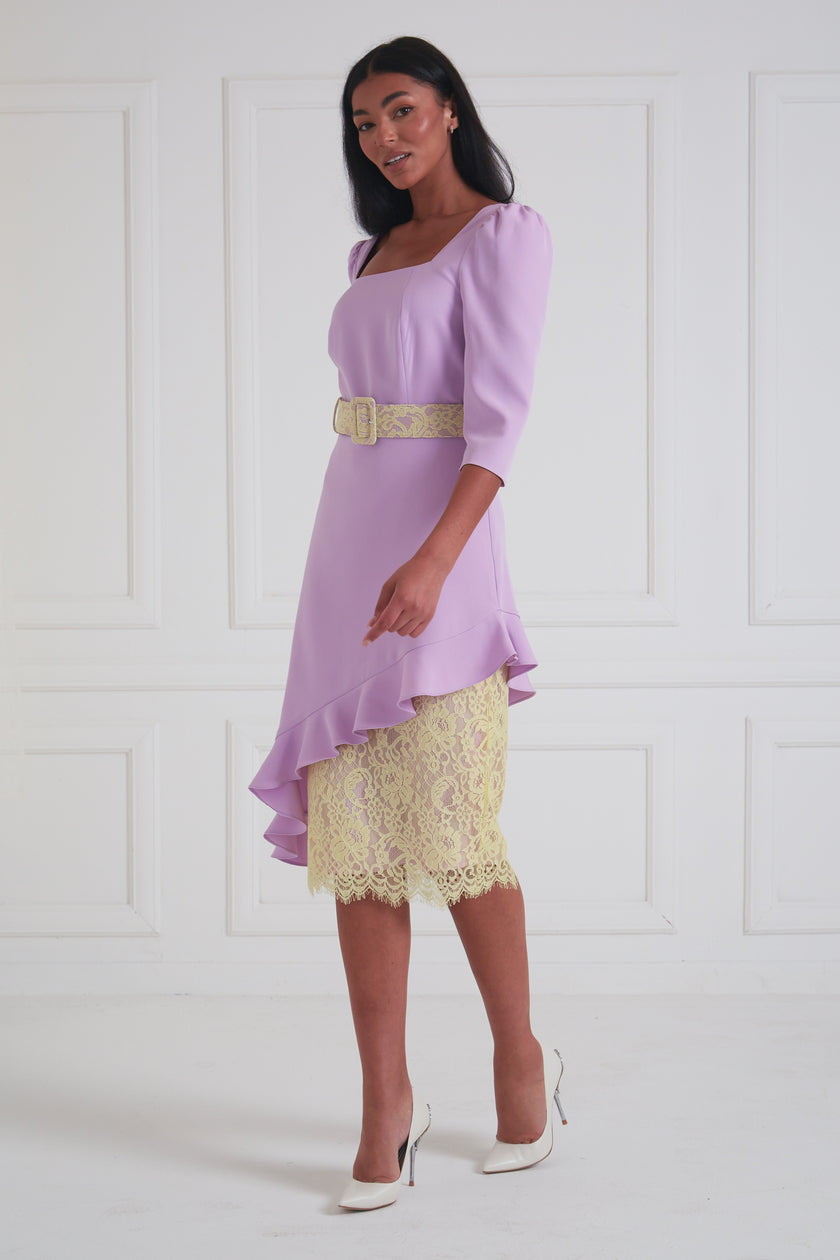 LORETTA ASYMMETRIC LACE FRILL DRESS - LILAC LEMON