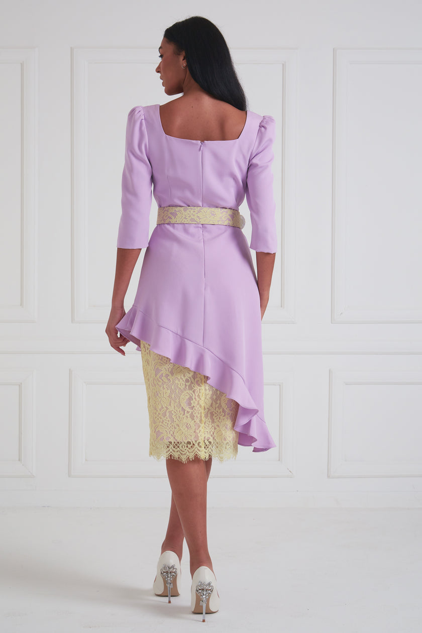 LORETTA ASYMMETRIC LACE FRILL DRESS - LILAC LEMON