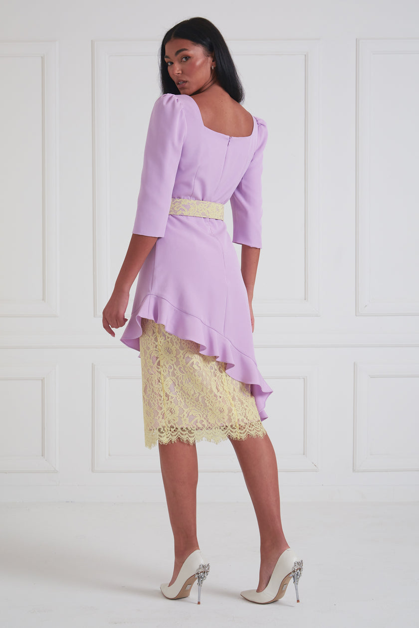 LORETTA ASYMMETRIC LACE FRILL DRESS - LILAC LEMON