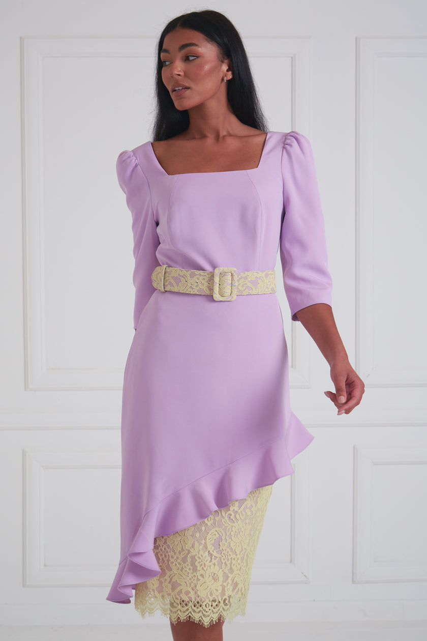 LORETTA ASYMMETRIC LACE FRILL DRESS - LILAC LEMON