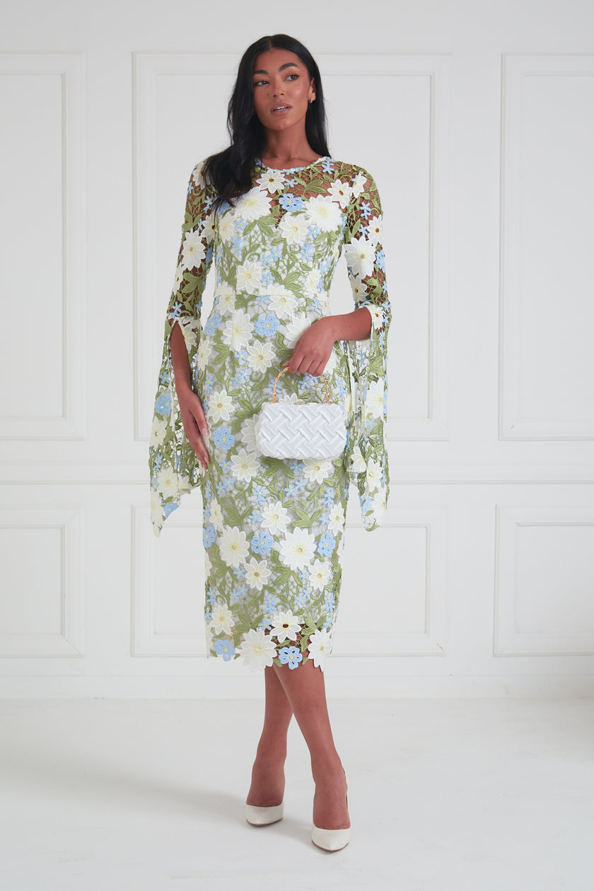 JULIETTE LACE DRAPE SLEEVE MIDI DRESS - MULTI