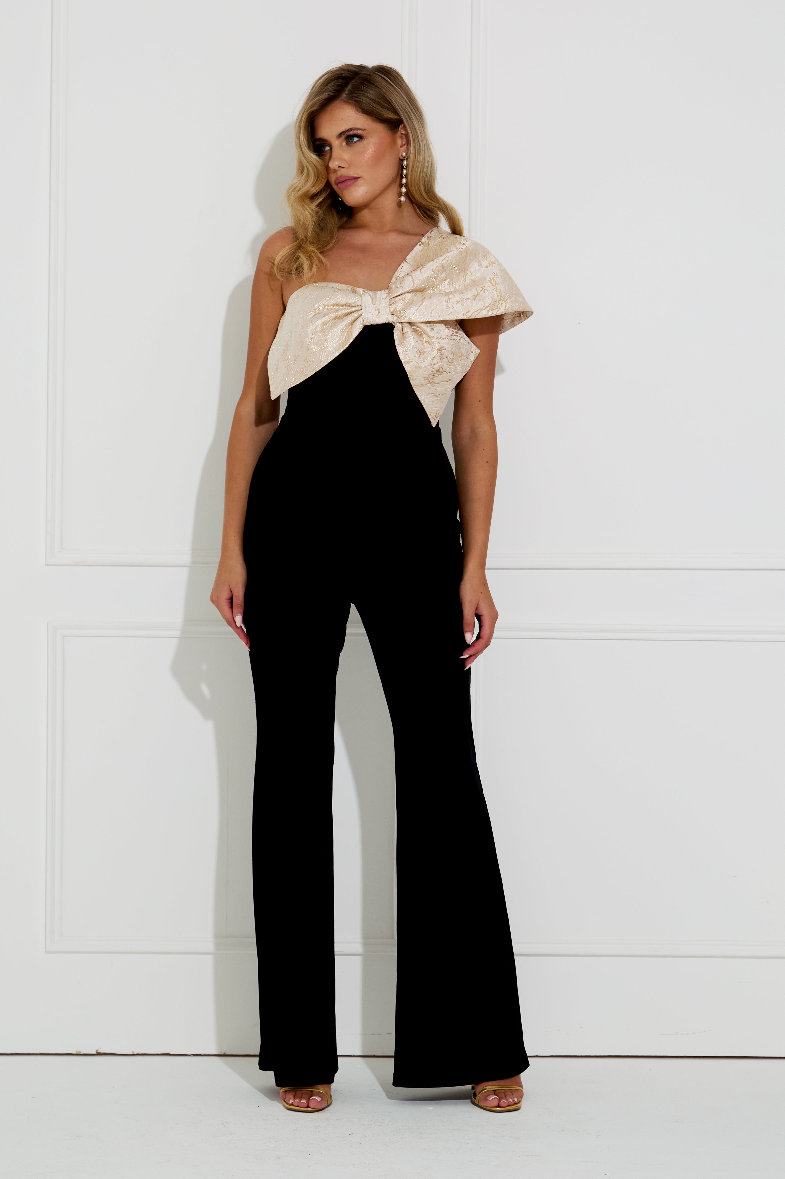 BAROQUE VELVET BOW JUMPSUIT - BLACK GOLD