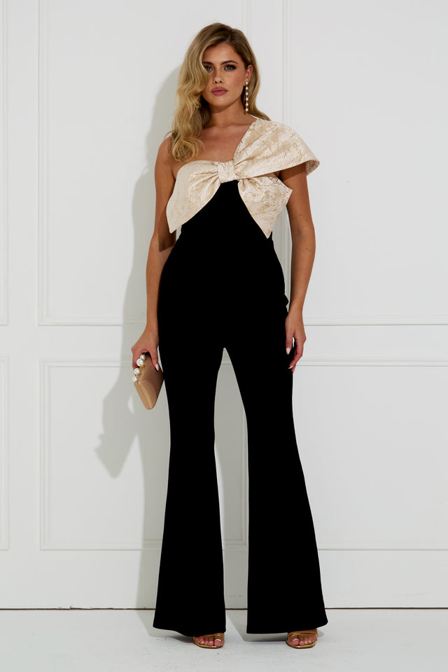 BAROQUE VELVET BOW JUMPSUIT - BLACK GOLD