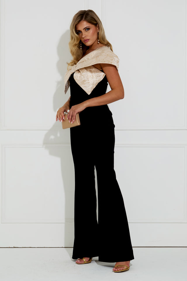 BAROQUE VELVET BOW JUMPSUIT - BLACK GOLD