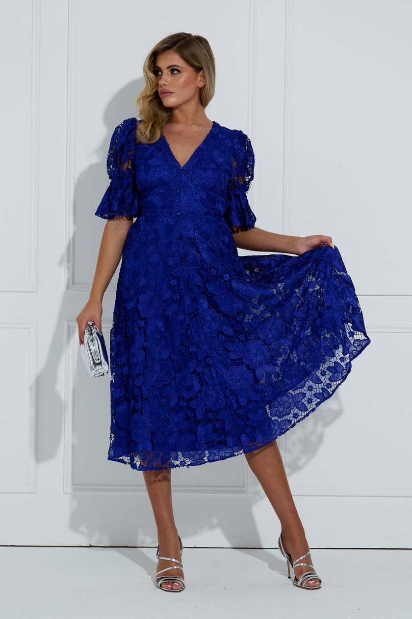 CALLIE LACE PUFF SLEEVE FULL SKIRT DRESS - ROYAL BLUE – 8thsign