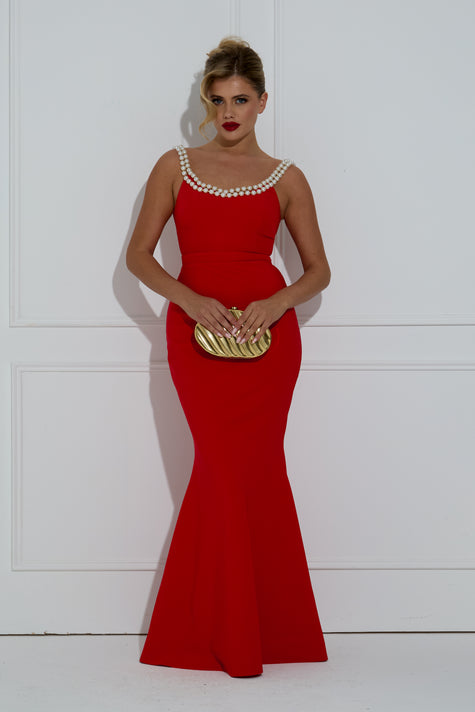 **PRE ORDER** BROOKE PEARL SHOULDER LONG FISHTAIL DRESS - RED