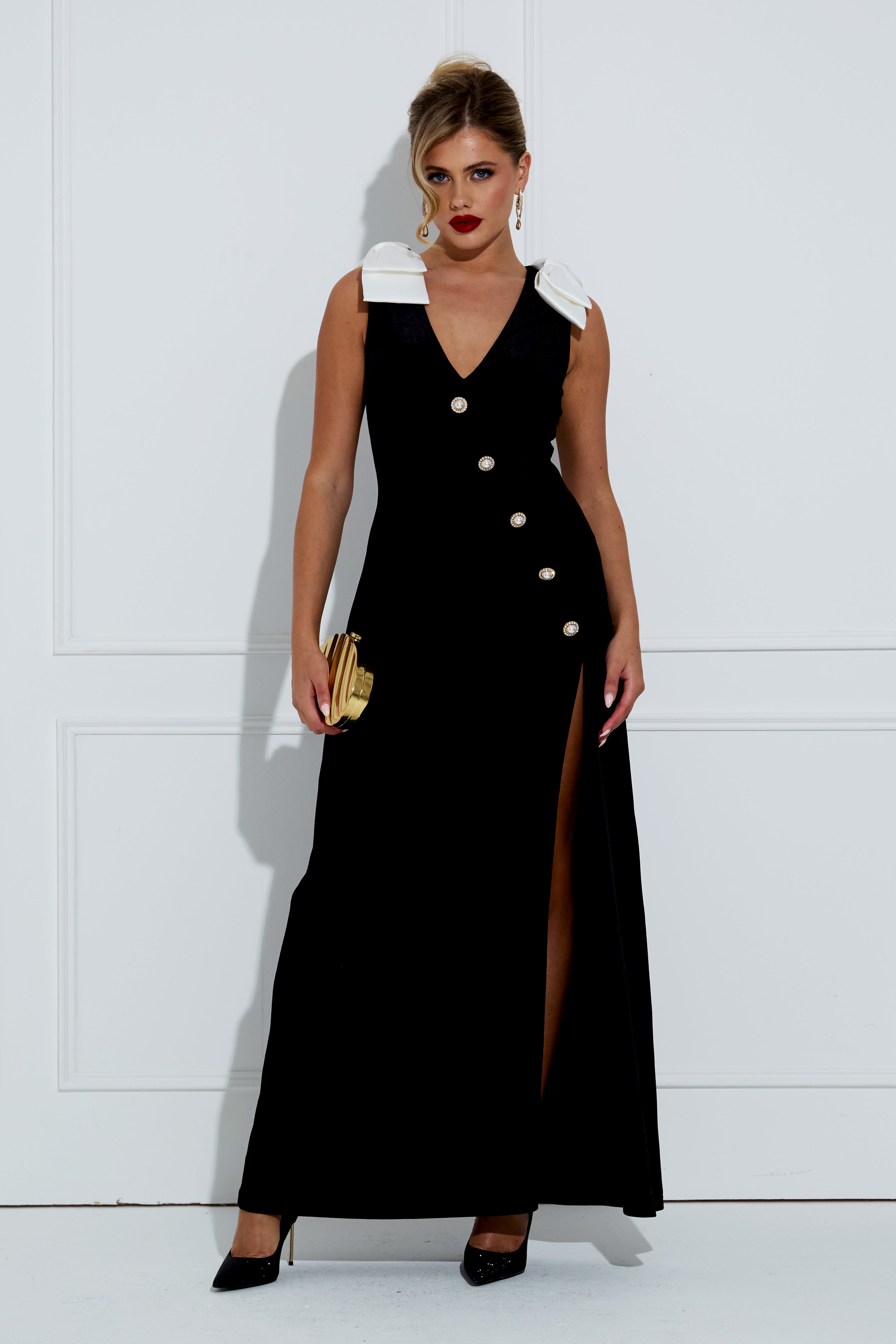 JOAN VELVET BOW SHOULDER LONG DRESS - BLACK IVORY