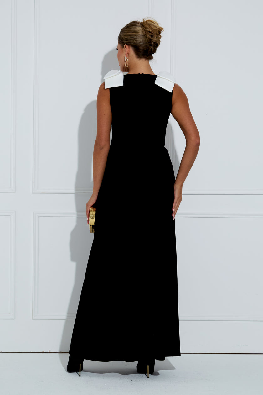 JOAN VELVET BOW SHOULDER LONG DRESS - BLACK IVORY