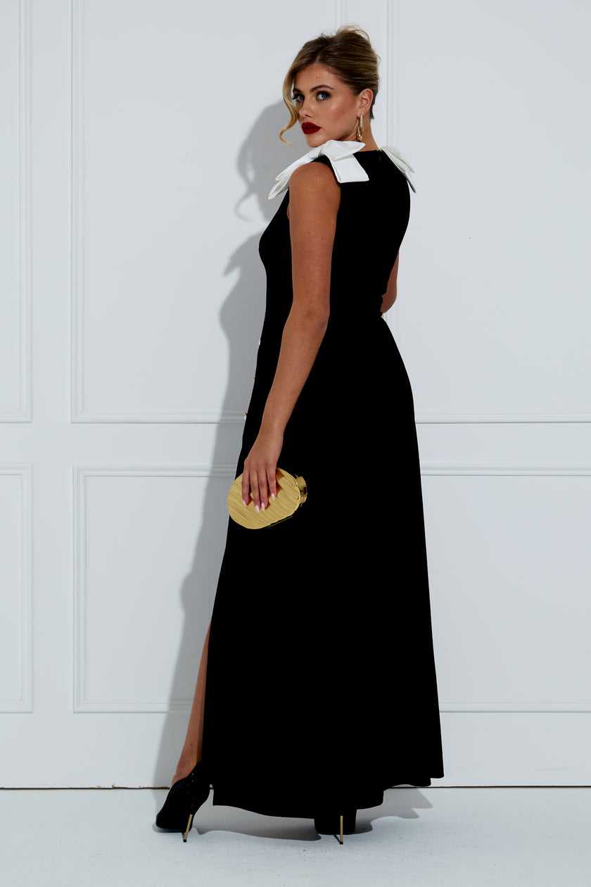 JOAN VELVET BOW SHOULDER LONG DRESS - BLACK IVORY