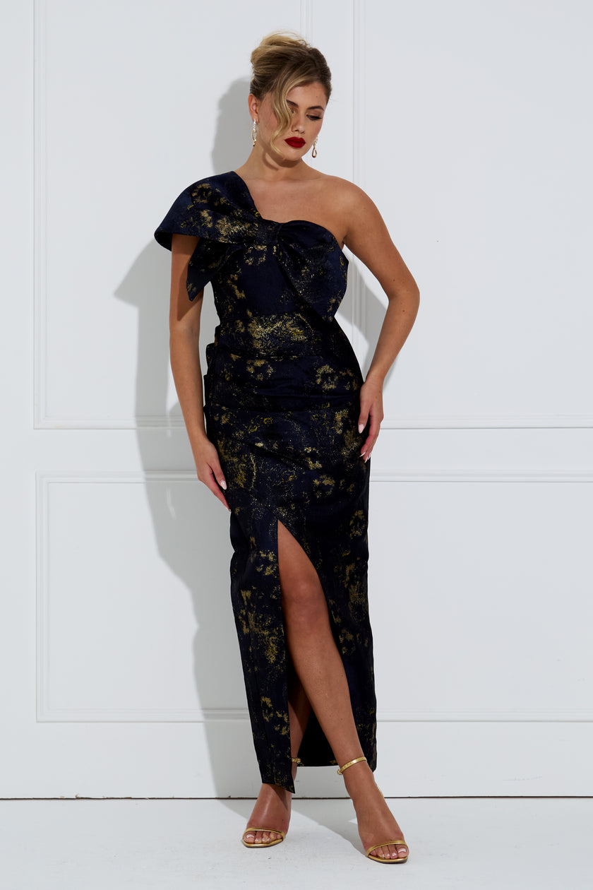 PIPPA BOW SHOULDER METALLIC LONG DRESS - BLUE GOLD