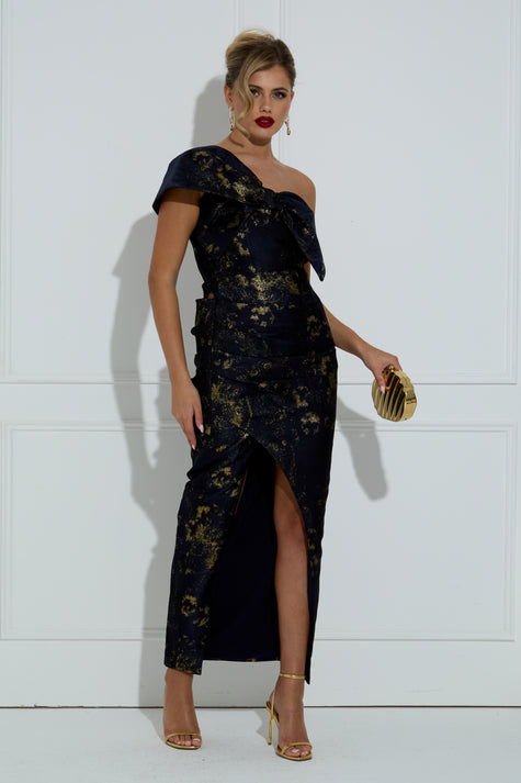 **PRE ORDER** PIPPA BOW SHOULDER METALLIC LONG DRESS - BLUE GOLD