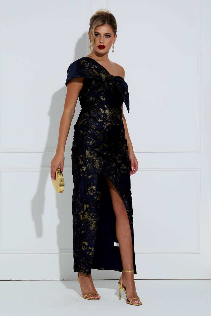 PIPPA BOW SHOULDER METALLIC LONG DRESS - BLUE GOLD