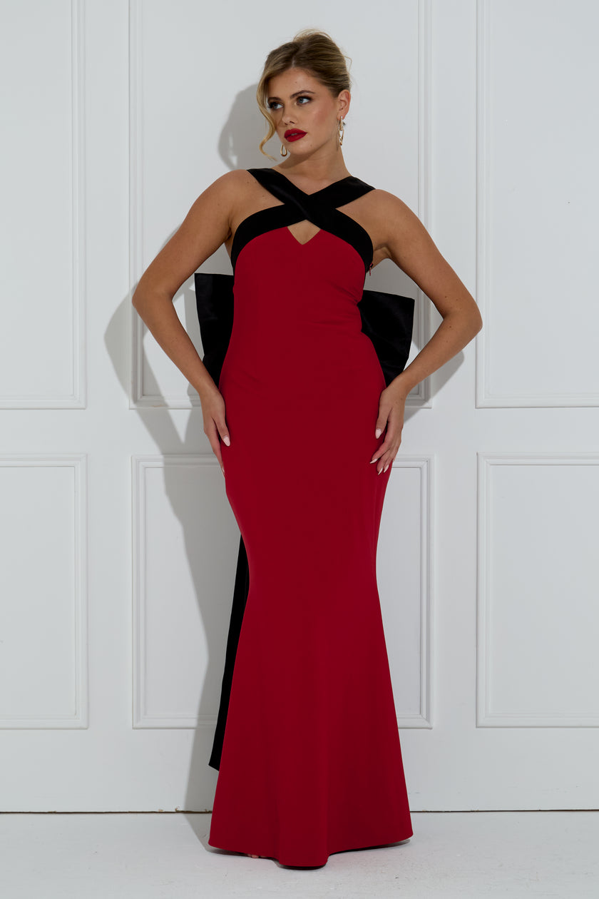 EMPRESS BOW BACK CROSSOVER LONG DRESS - OXBLOOD BLACK