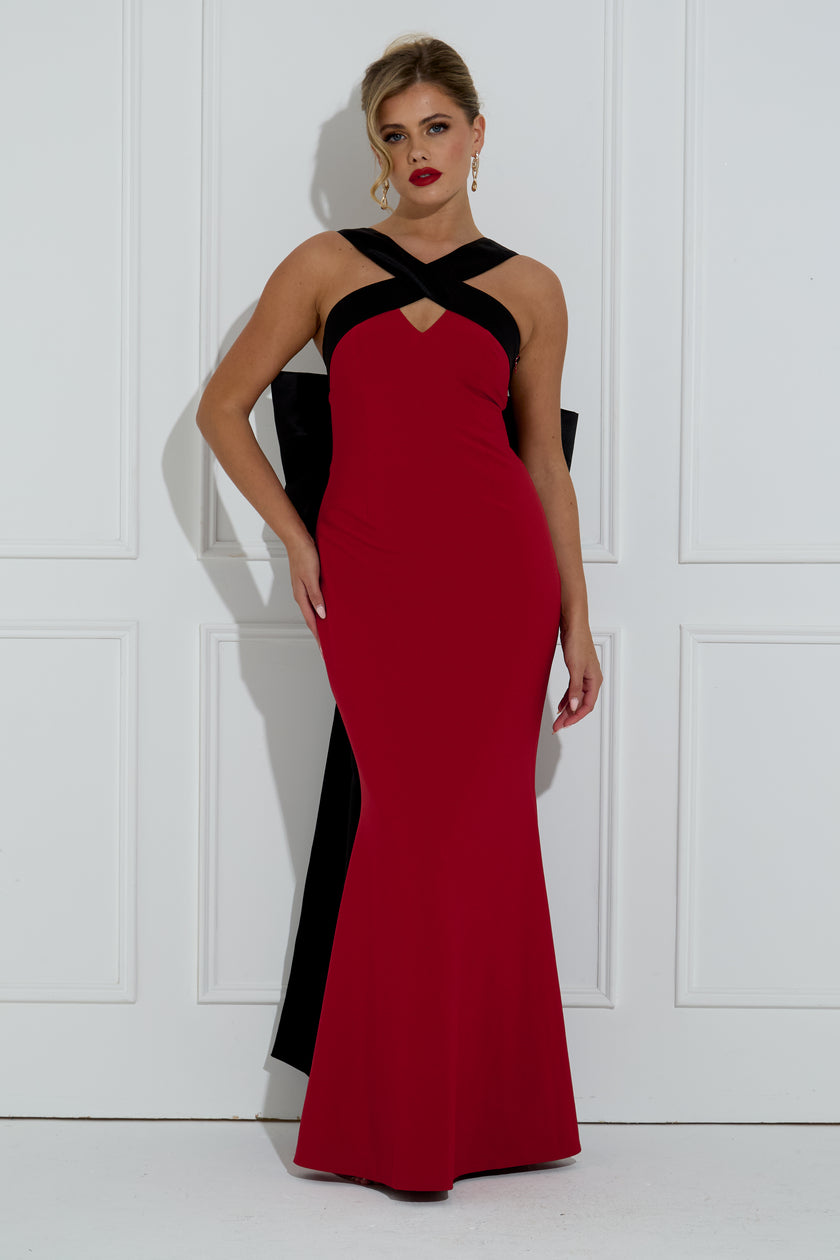EMPRESS BOW BACK CROSSOVER LONG DRESS - OXBLOOD BLACK