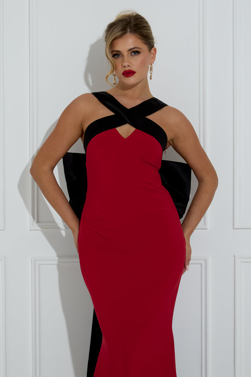 EMPRESS BOW BACK CROSSOVER LONG DRESS - OXBLOOD BLACK