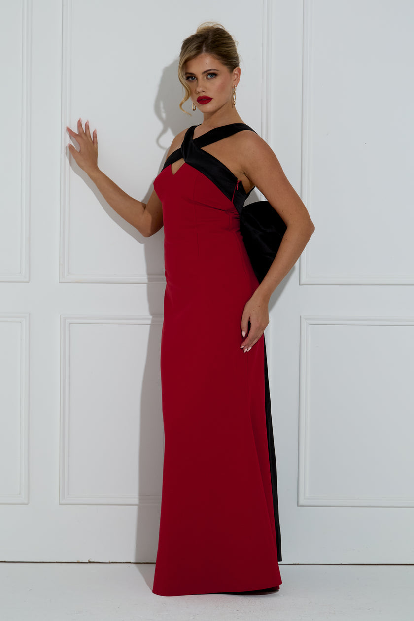 EMPRESS BOW BACK CROSSOVER LONG DRESS - OXBLOOD BLACK