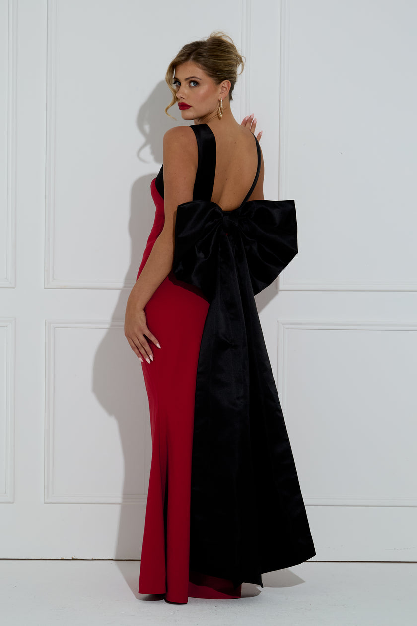 EMPRESS BOW BACK CROSSOVER LONG DRESS - OXBLOOD BLACK
