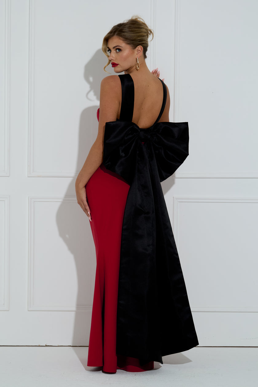 EMPRESS BOW BACK CROSSOVER LONG DRESS - OXBLOOD BLACK