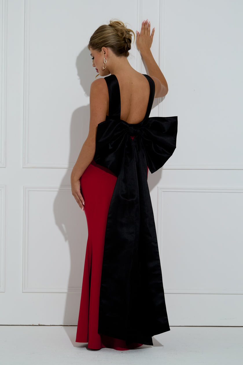 EMPRESS BOW BACK CROSSOVER LONG DRESS - OXBLOOD BLACK