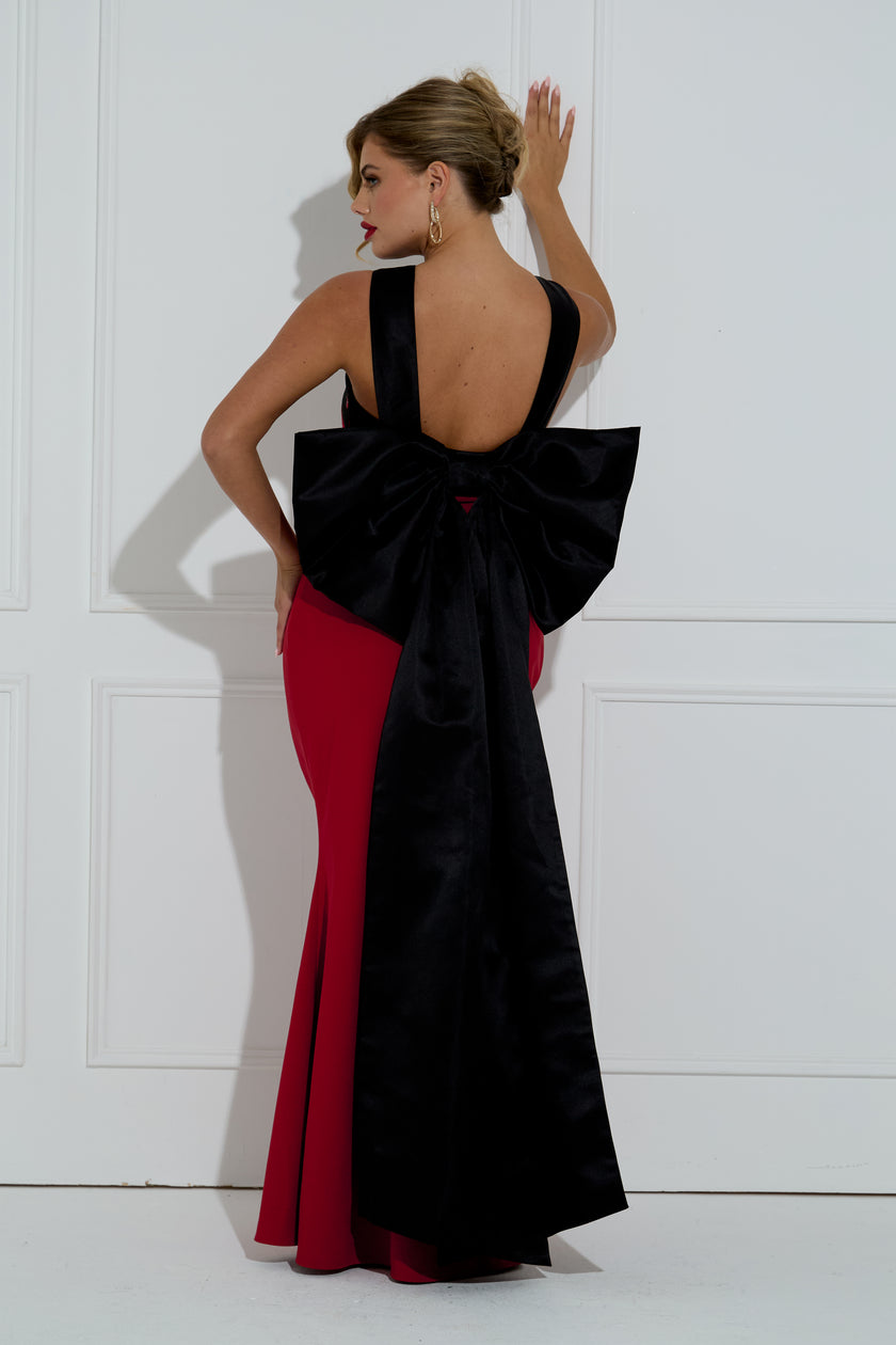 EMPRESS BOW BACK CROSSOVER LONG DRESS - OXBLOOD BLACK