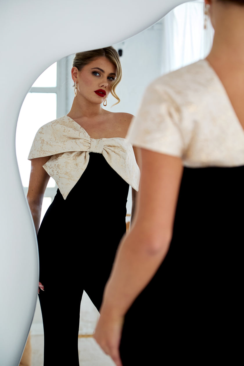 BAROQUE VELVET BOW JUMPSUIT - BLACK GOLD