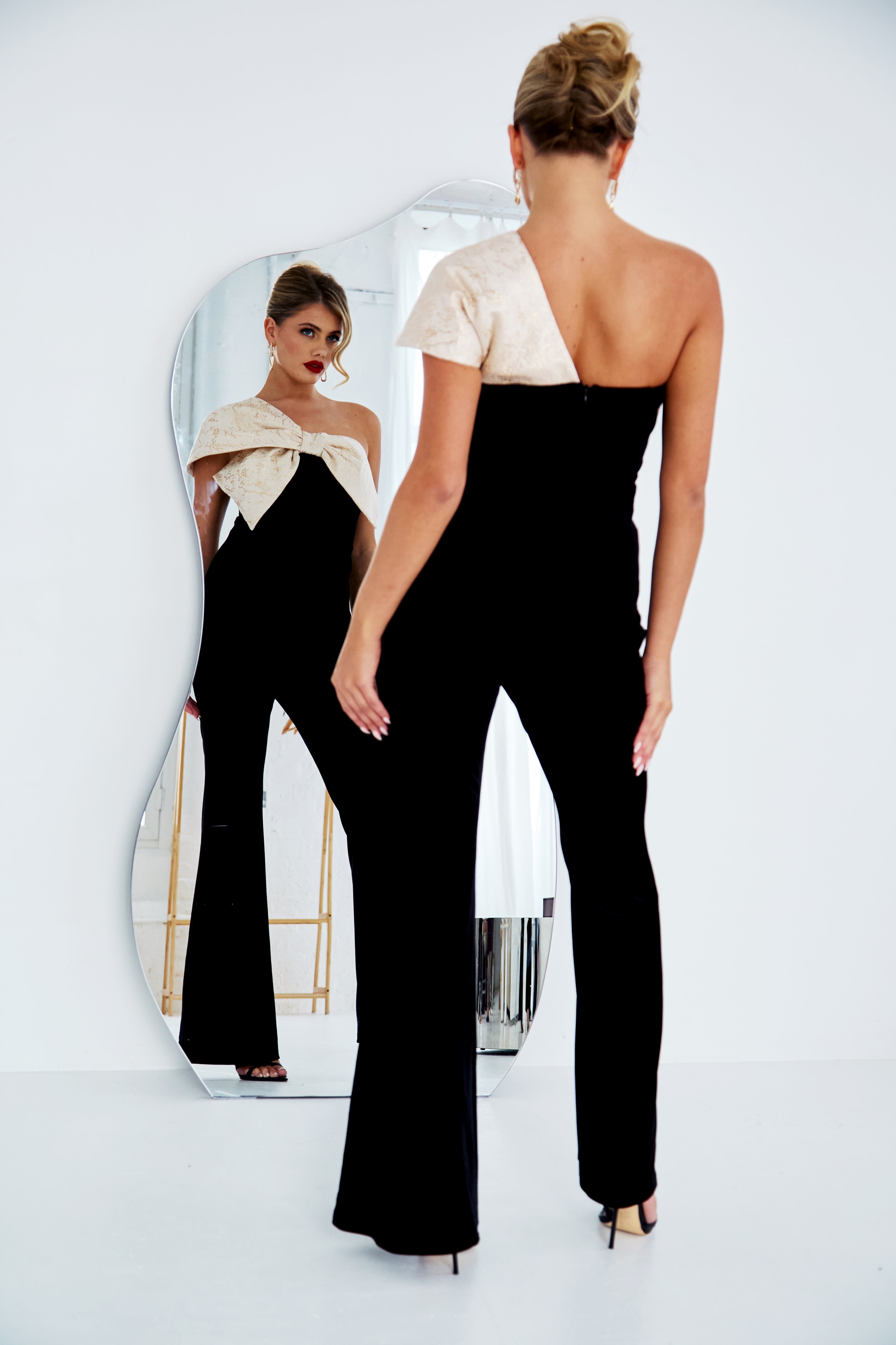 BAROQUE VELVET BOW JUMPSUIT - BLACK GOLD