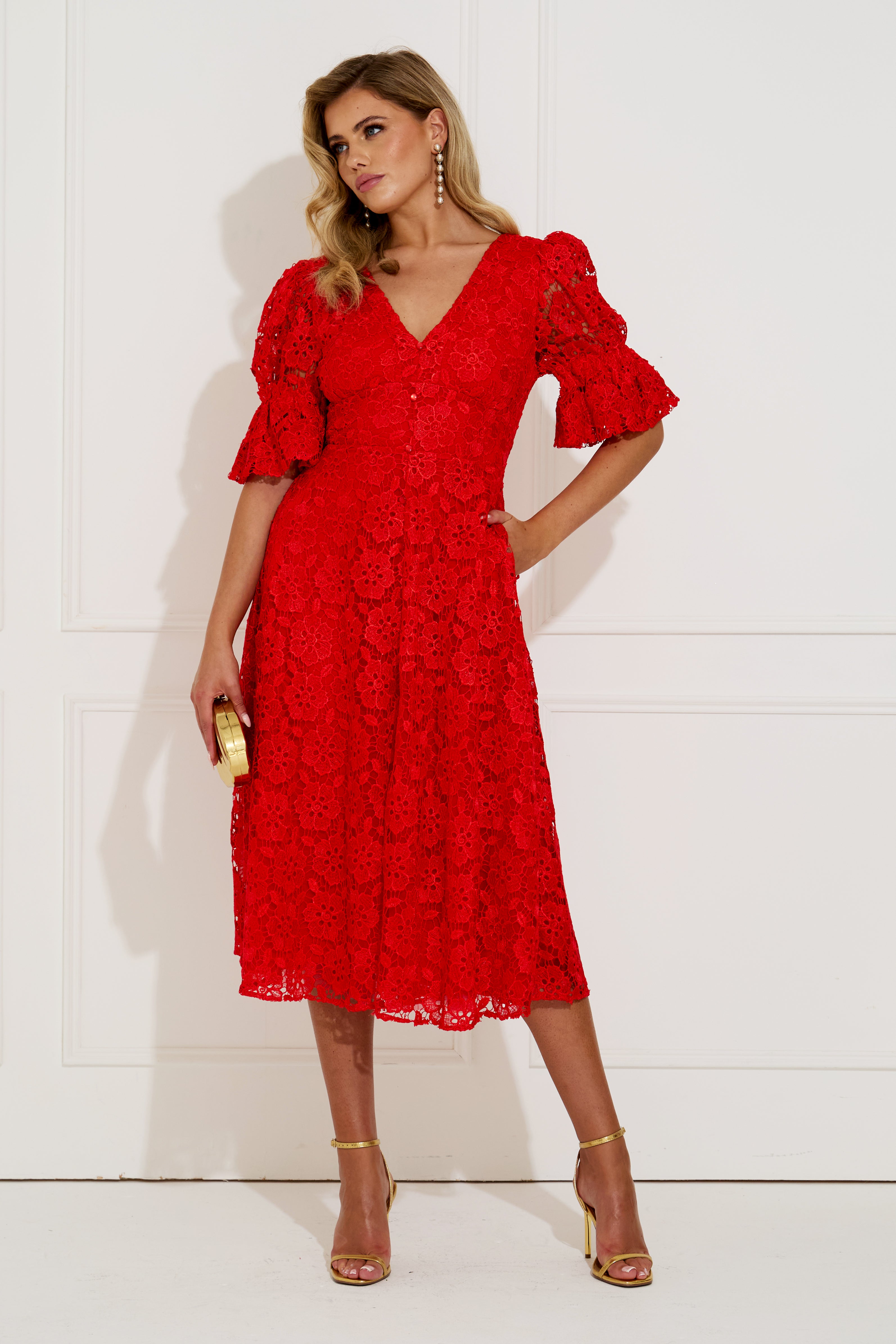 CALLIE LACE PUFF SLEEVE FULL SKIRT DRESS WITH BOW - RED