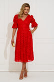 CALLIE LACE PUFF SLEEVE FULL SKIRT DRESS WITH BOW - RED