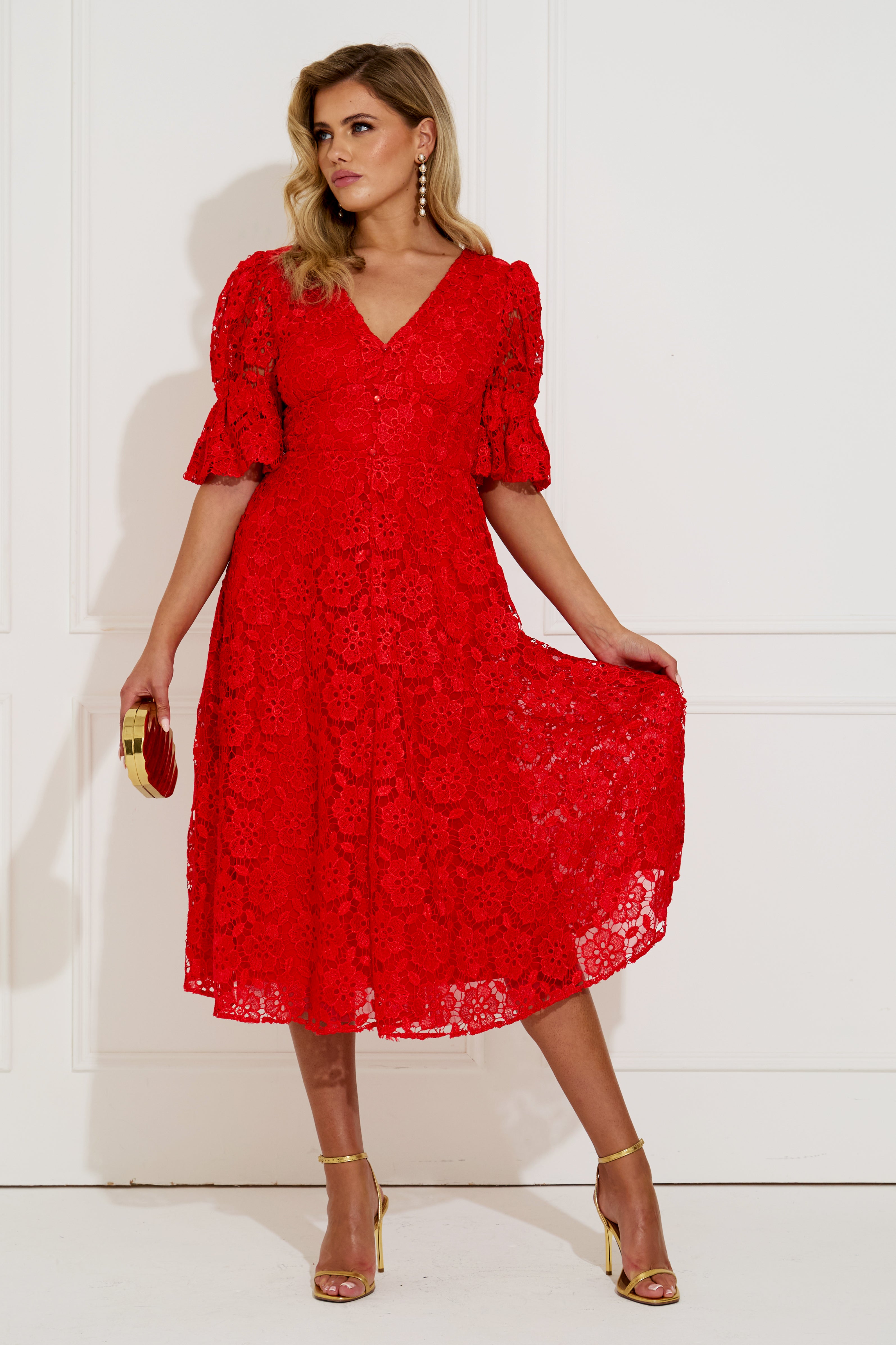 CALLIE LACE PUFF SLEEVE FULL SKIRT DRESS WITH BOW - RED