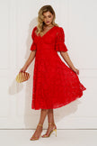 CALLIE LACE PUFF SLEEVE FULL SKIRT DRESS WITH BOW - RED