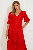 CALLIE LACE PUFF SLEEVE FULL SKIRT DRESS WITH BOW - RED