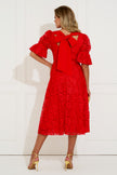 CALLIE LACE PUFF SLEEVE FULL SKIRT DRESS WITH BOW - RED