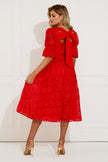 CALLIE LACE PUFF SLEEVE FULL SKIRT DRESS WITH BOW - RED