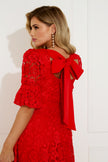 CALLIE LACE PUFF SLEEVE FULL SKIRT DRESS WITH BOW - RED