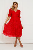 CALLIE LACE PUFF SLEEVE FULL SKIRT DRESS WITH BOW - RED