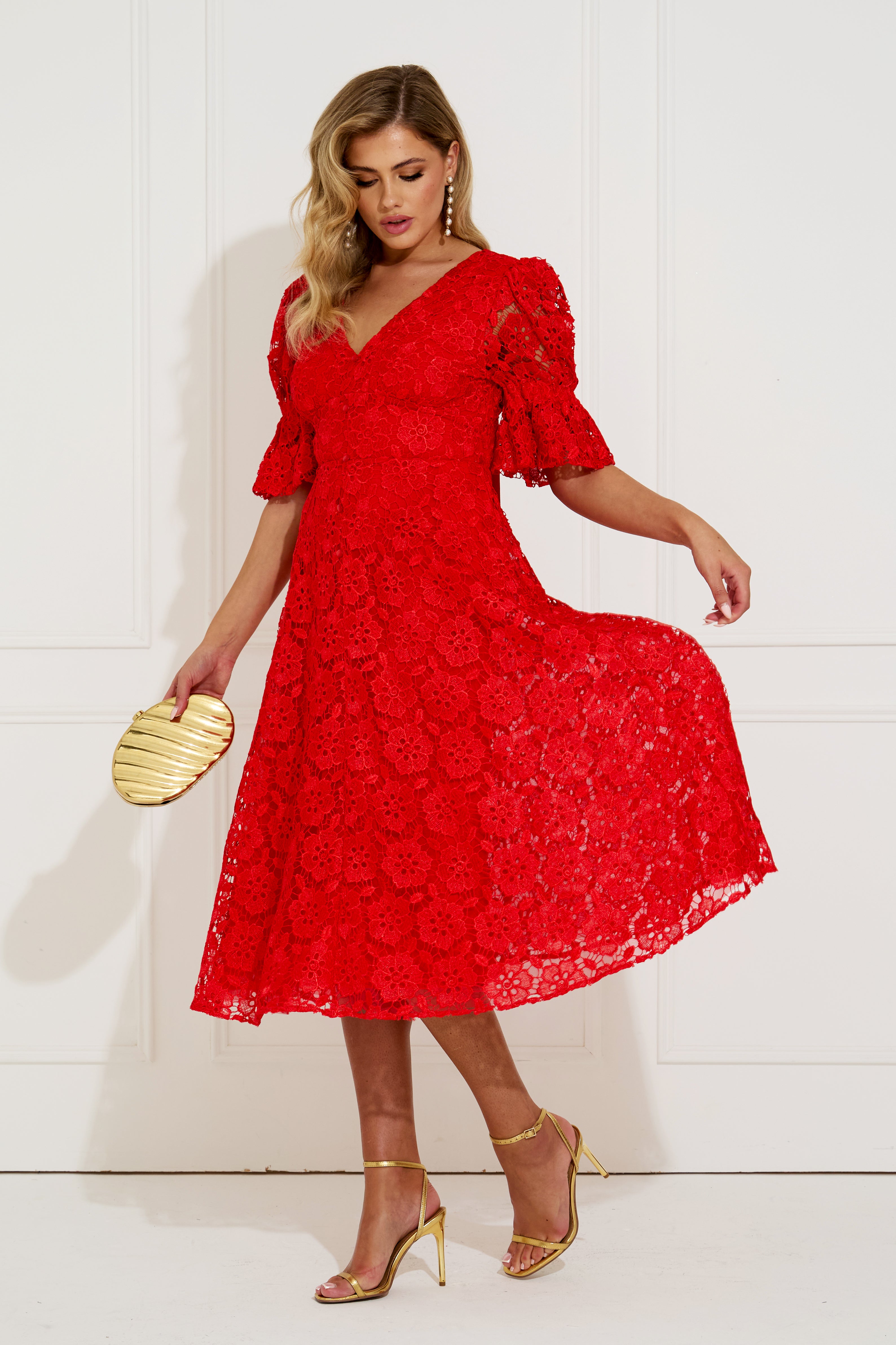 CALLIE LACE PUFF SLEEVE FULL SKIRT DRESS WITH BOW - RED