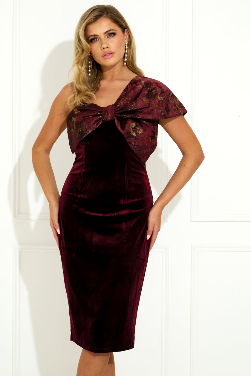 RAPHELITE VELVET METALLIC BOW DRESS - OXBLOOD