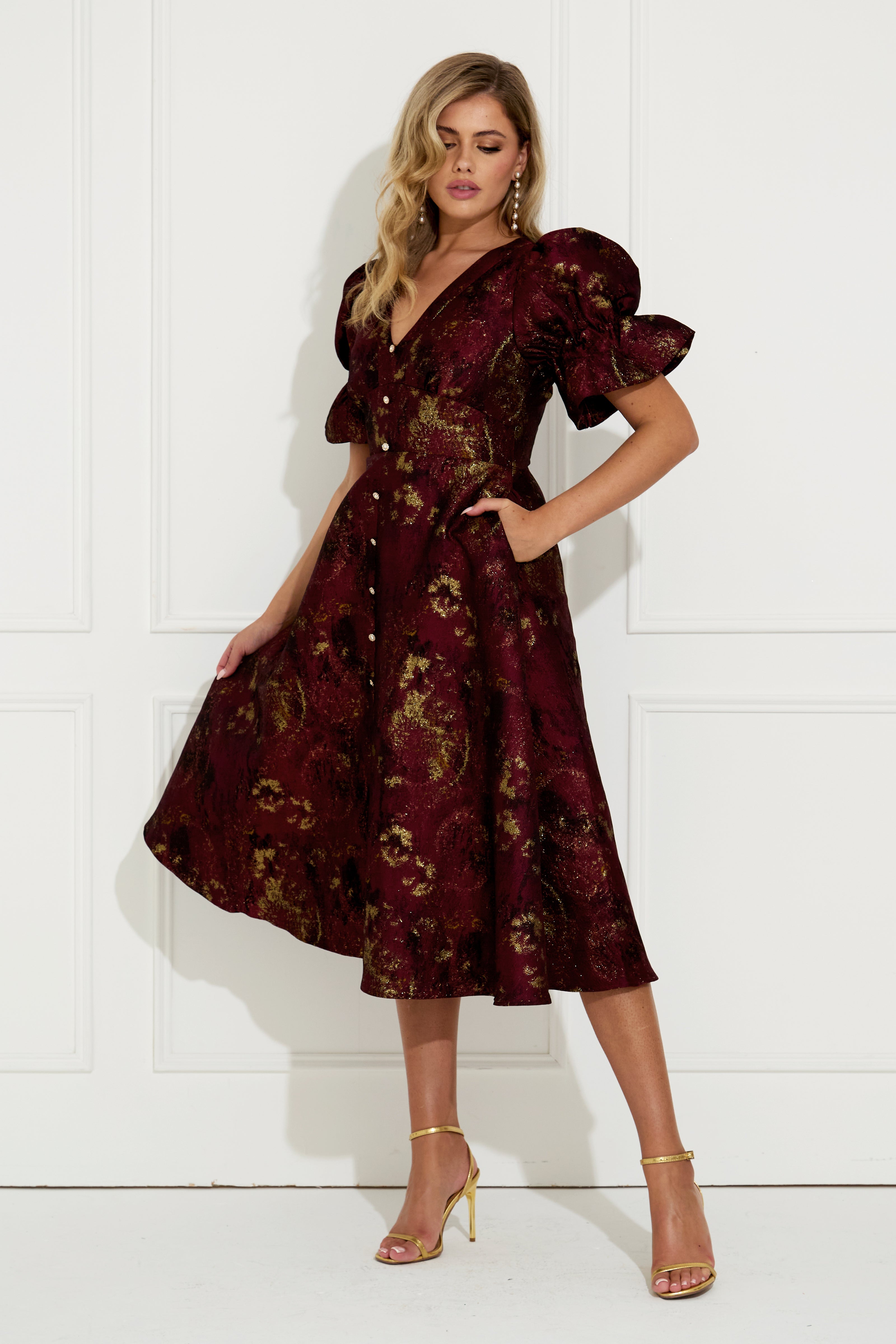 CALLIE METALLIC FULL SKIRT MIDI DRESS - OXBLOOD