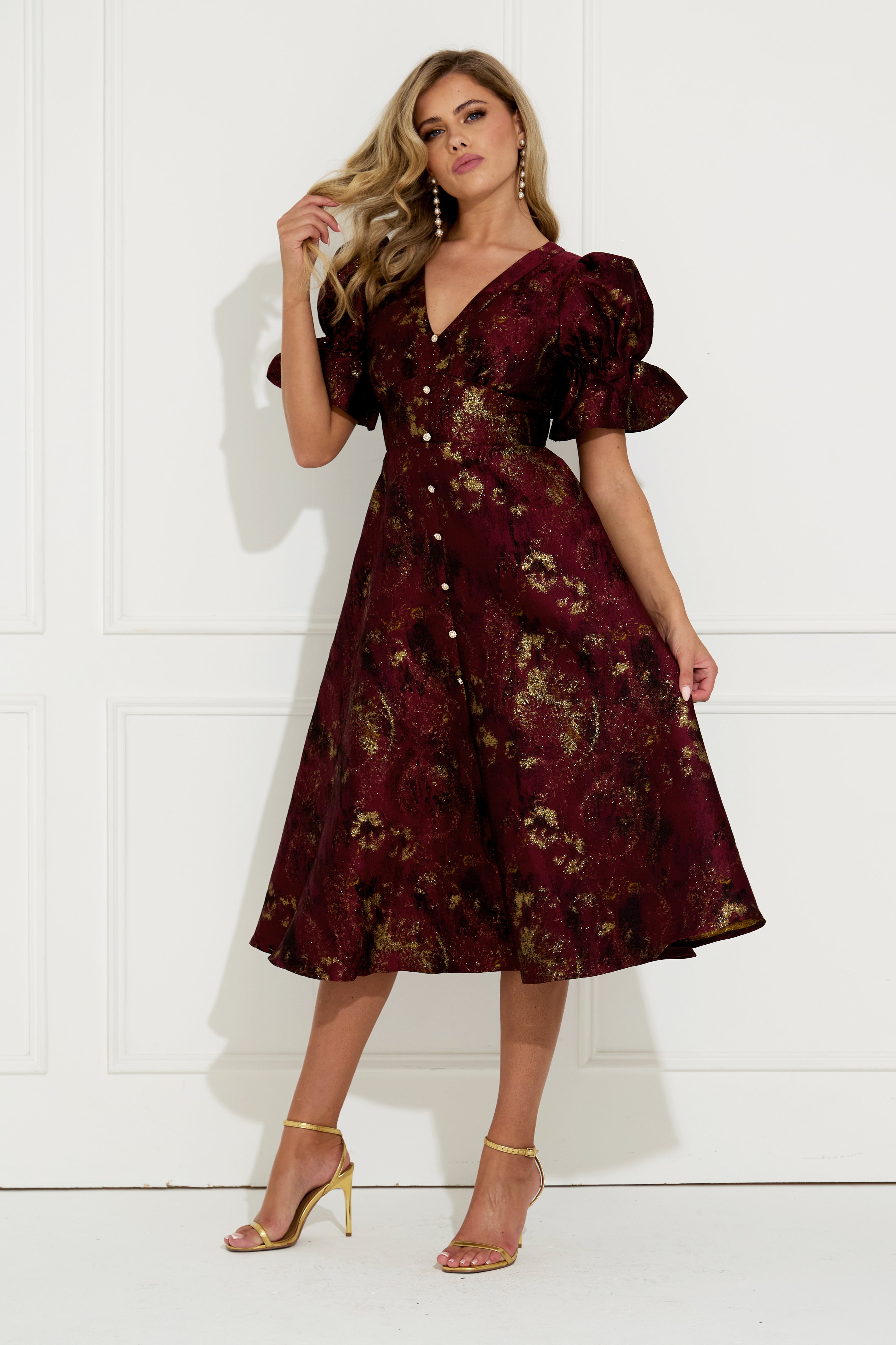 CALLIE METALLIC FULL SKIRT MIDI DRESS - OXBLOOD